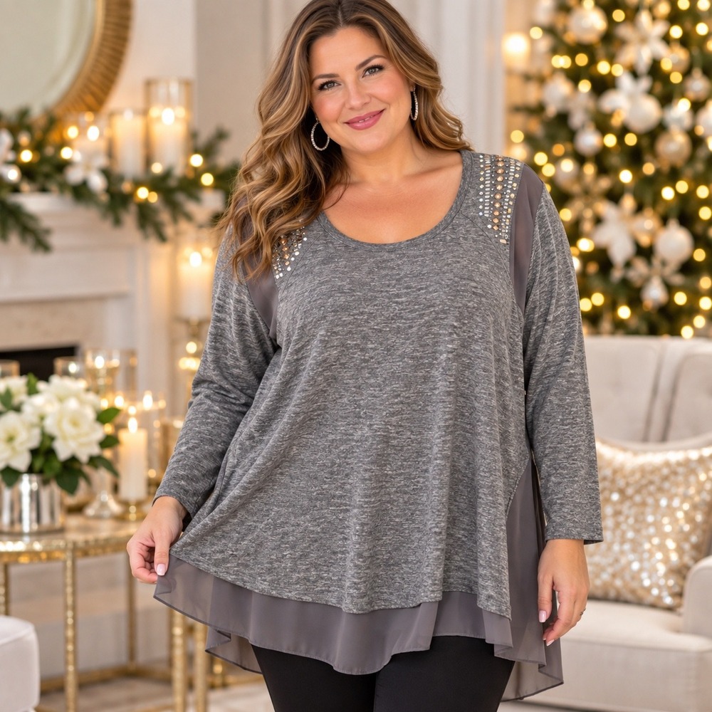 Eyeshadow Womens 2X Gray Heathered Rhinestone Layered Hem Long Sleeve Tunic Top